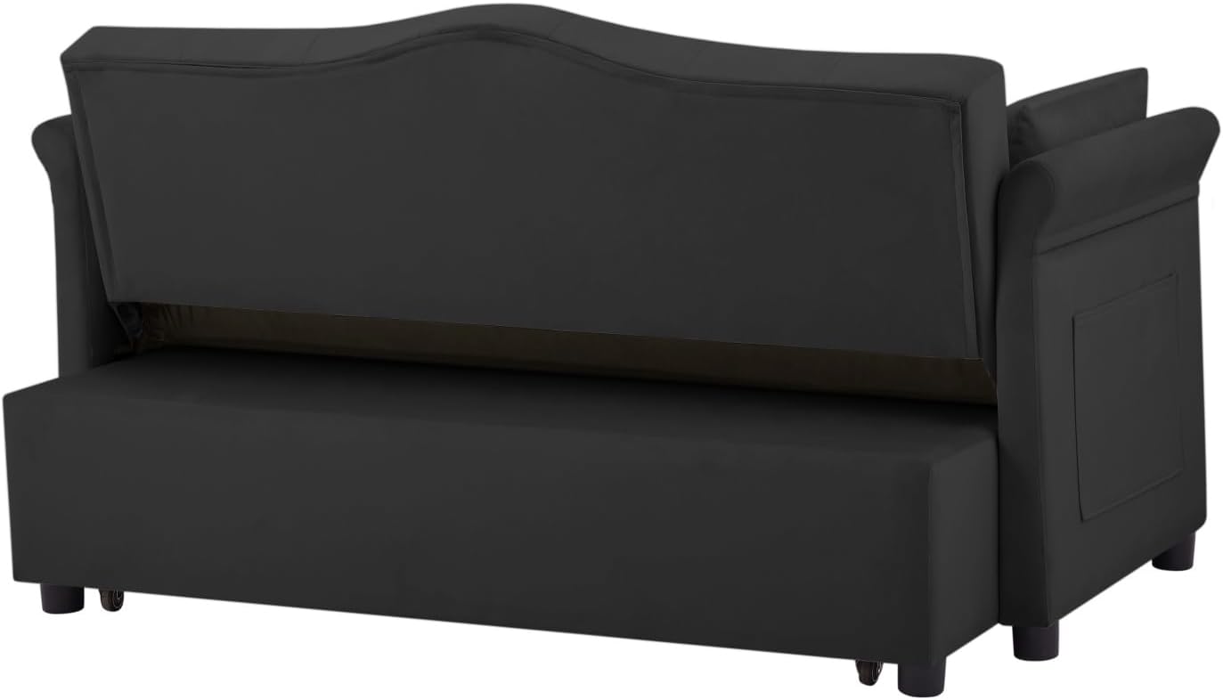 oaaktu 57-Inch Velvet Full Size Sleeper Sofa Couch with Pullout Bed,Convertible Pull Out with Golden Decorative Strip and Adjustable Backrest for Small Spaces,Apartment, Guest Room, RV (Black)