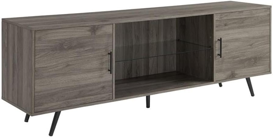 Walker Edison Saxon Mid Century Modern 2 Door Glass Shelf TV Stand for TVs up to 80 Inches, 70 Inch, Grey
