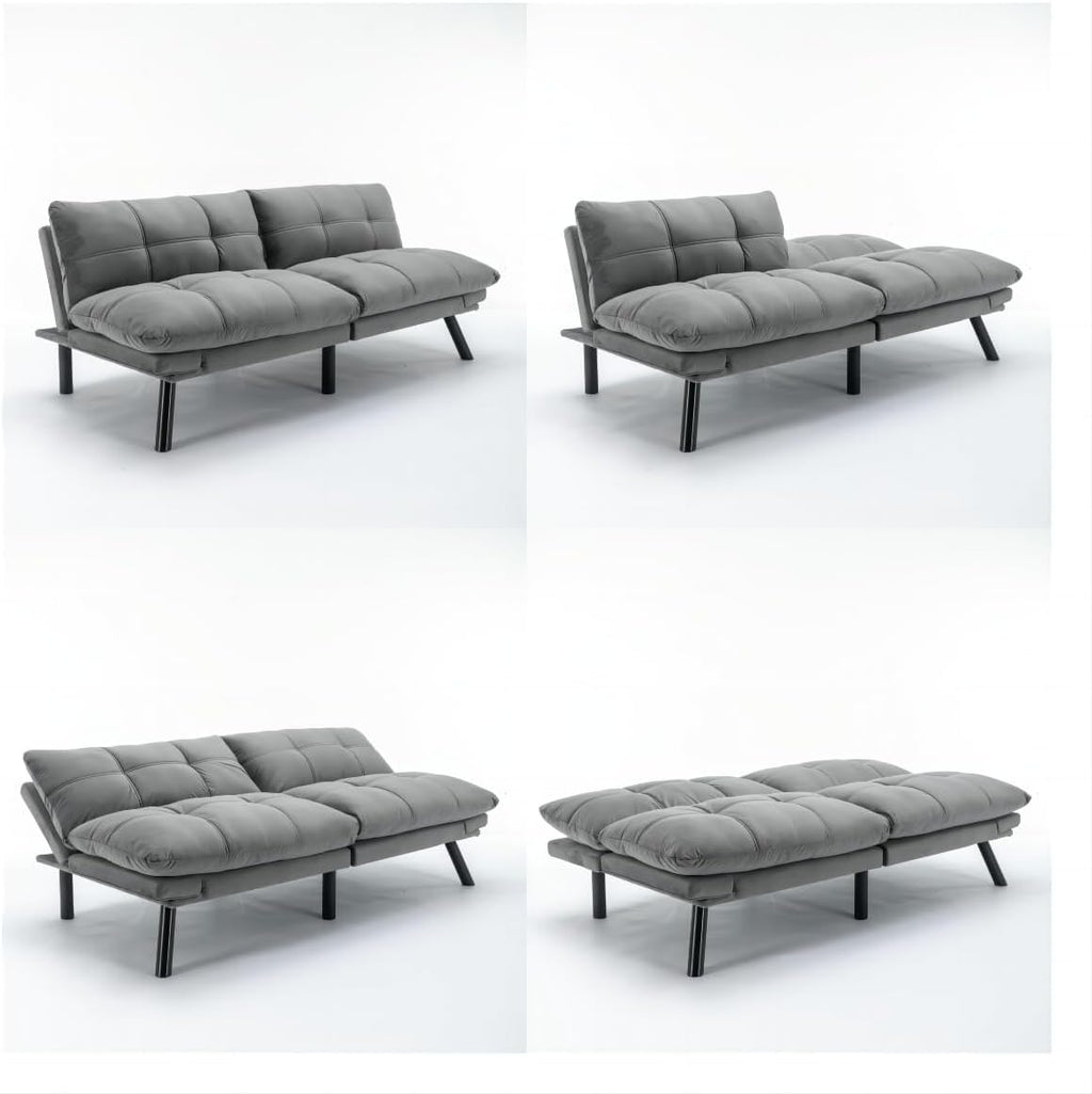 Convertible Futon Sofa Bed for Small Spaces, Modern Multi-Functional Sleeper with Adjustable Backrest, Tufted Brown Fabric Couch for Living Room, Apartment, Dorm (Light Grey)