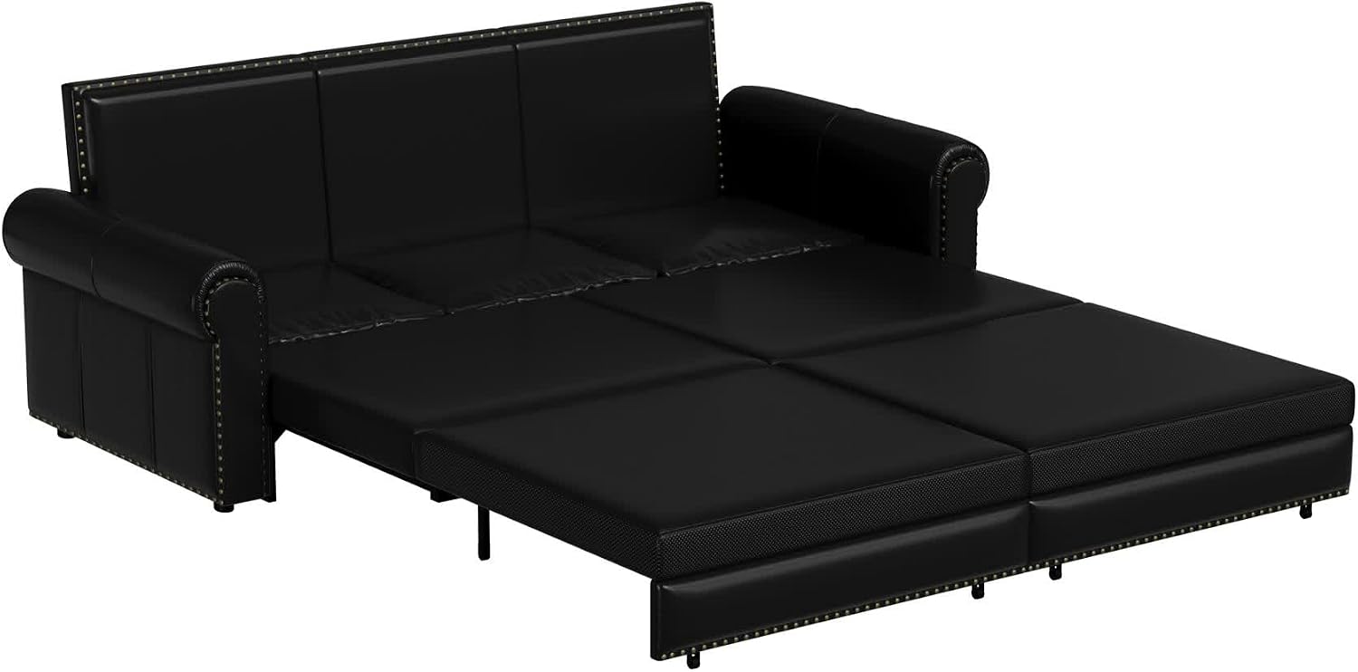 93.7' King Pull Out Sofa Bed, Faux Leather Sleeper Sofa Couch, 3 in 1 Convertible Futon Couches for Living Room, Small Space, Apartment, Office, Bedroom, Modern Rivet Armrest, Black