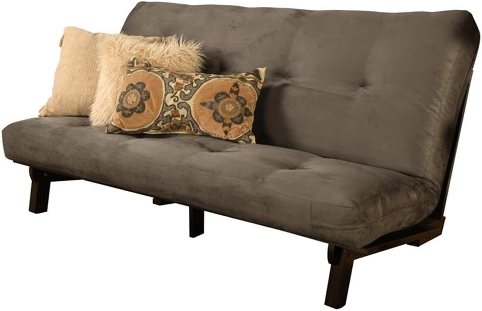 Kodiak Furniture Carson Full Size Futon Frame and Mattress Set - Java Brown Finish Wood Futon Frame with Mattress Included in Suede Gray Color