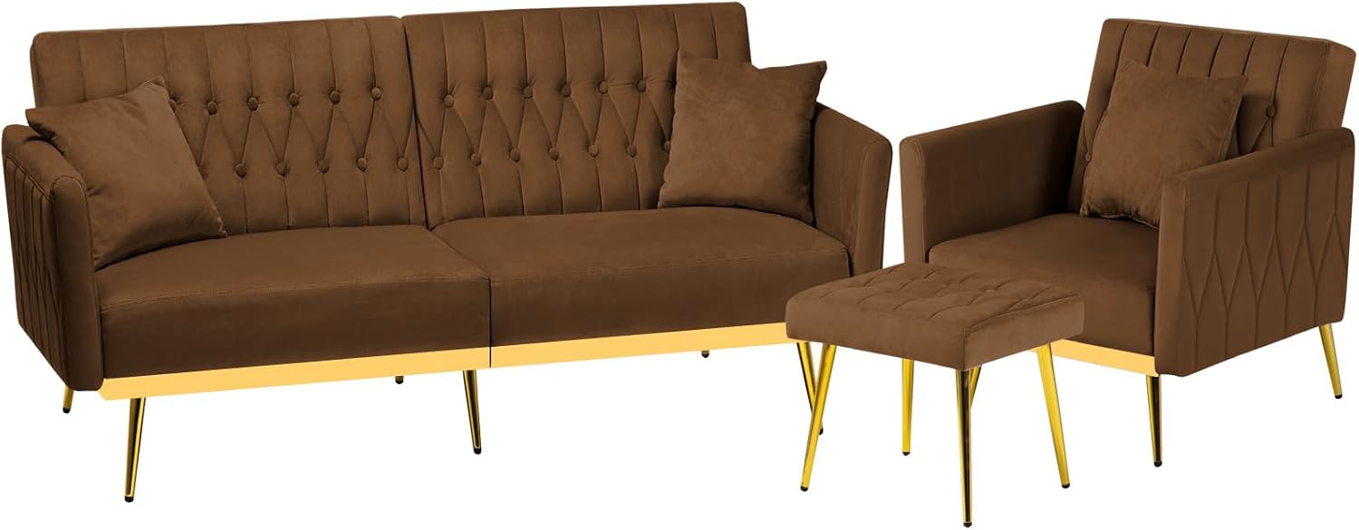 2 Pieces Velvet Sofa Set with Adjustable Armrest and Backrest, 70' Convertible Futon Sofa Bed & Mordern Accent Chair with Ottoman for Living Room, Bedroom, Brown