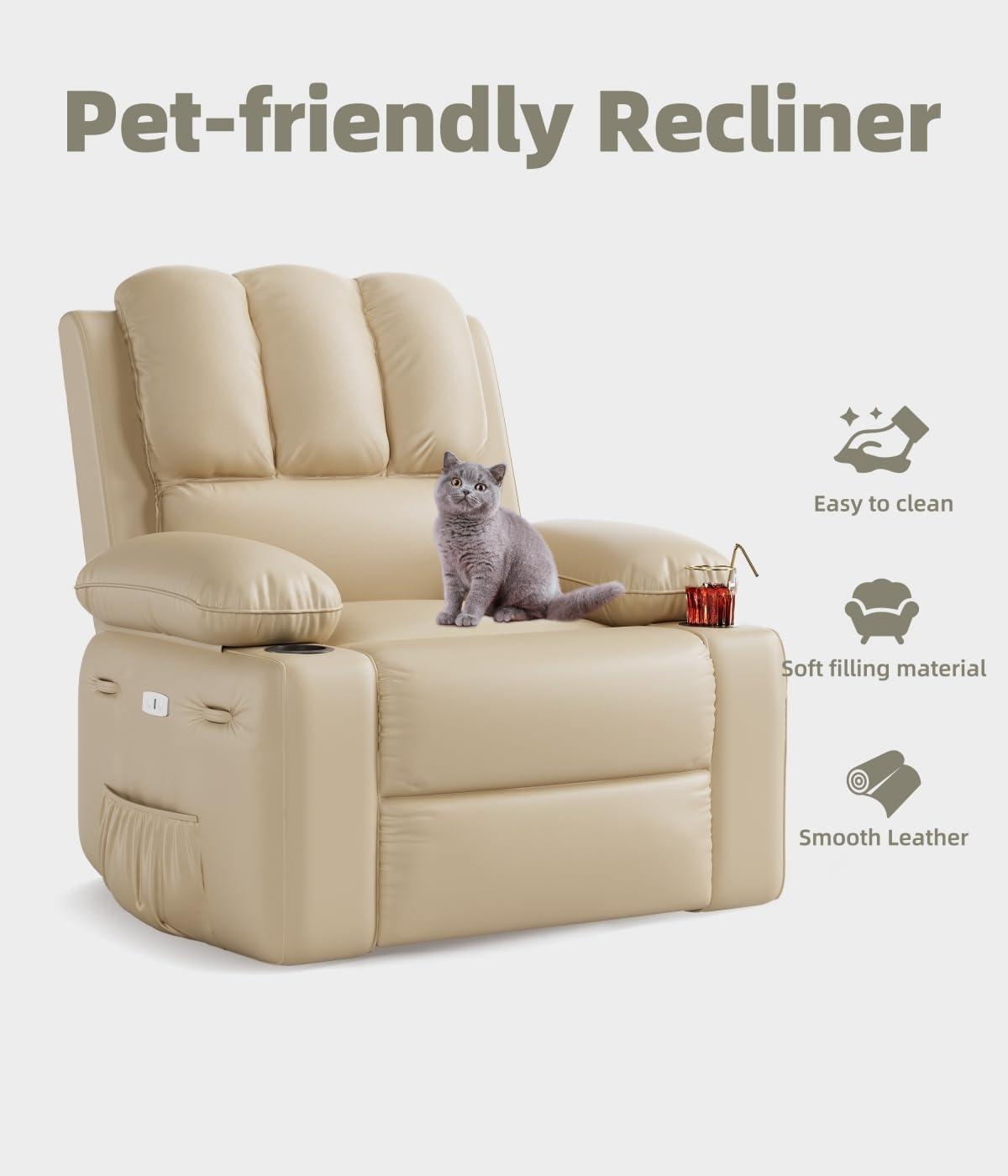 Oversized Electric Recliner Chair for Adults, Swivel Rocker Recliner with Massage and Heat, Pu Leather Single Sofa with Cup Holder and Side Pocket, for Living Room, Bedroom, Creamy