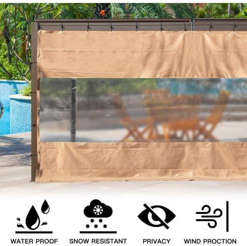 Heavy Duty Outdoor Clear Panel Curtain, 18 oz Waterproof PVC Polyester Curtain, Weather Resistant & Tearproof for Patios, Gazebos, Pergolas, Privacy Screen (8'H x 16'W, Brown)