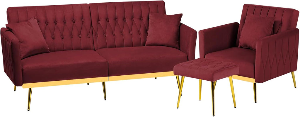 2 Pieces Velvet Sofa Set with Adjustable Armrest and Backrest, 70' Convertible Futon Sofa Bed & Mordern Accent Chair with Ottoman for Living Room, Bedroom, Red