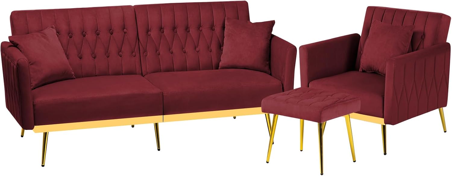 2 Pieces Velvet Sofa Set with Adjustable Armrest and Backrest, 70' Convertible Futon Sofa Bed & Mordern Accent Chair with Ottoman for Living Room, Bedroom, Red
