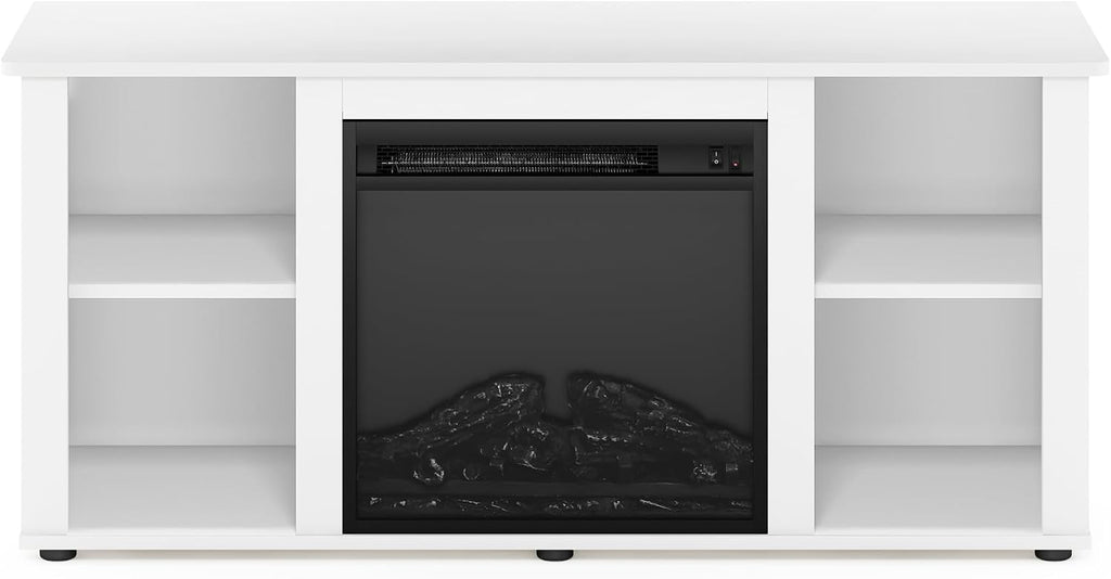 Furinno Jensen Entertainment Center Stand with Fireplace for TV up to 55 Inch, Corded Electric, White