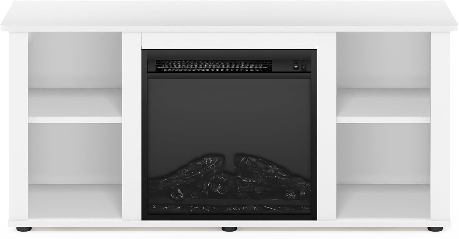 Furinno Jensen Entertainment Center Stand with Fireplace for TV up to 55 Inch, Corded Electric, White