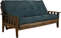 FutonX Rustic Walnut Frame and Mattress Set with Choice to add Drawers, 8 Inch Innerspring Futon Sofa Bed Full Size Wood (Blue Matt and Frame (No Drawers))