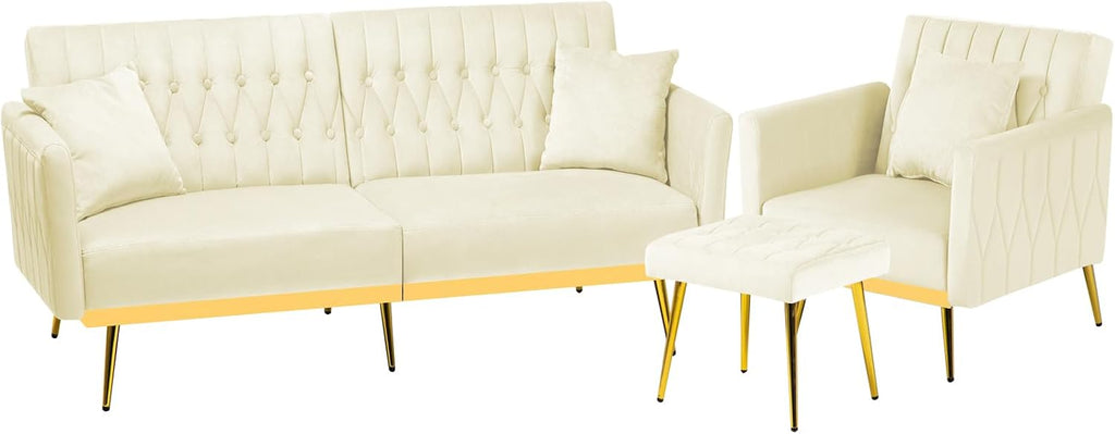 2 Pieces Velvet Sofa Set with Adjustable Armrest and Backrest, 70' Convertible Futon Sofa Bed & Mordern Accent Chair with Ottoman for Living Room, Bedroom, Beige
