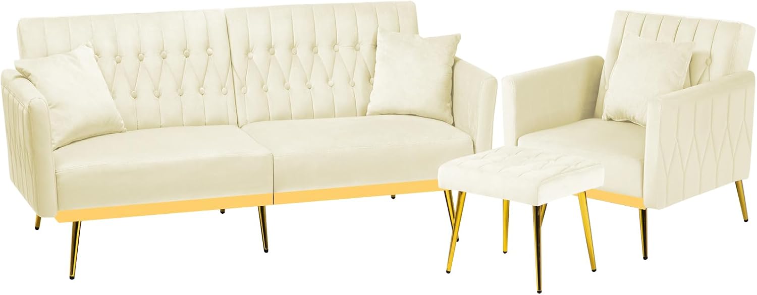 2 Pieces Velvet Sofa Set with Adjustable Armrest and Backrest, 70' Convertible Futon Sofa Bed & Mordern Accent Chair with Ottoman for Living Room, Bedroom, Beige