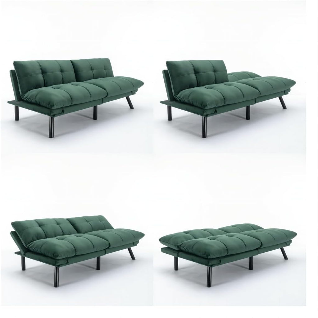 Convertible Futon Sofa Bed for Small Spaces, Modern Multi-Functional Sleeper with Adjustable Backrest, Tufted Brown Fabric Couch for Living Room, Apartment, Dorm (Emerald)