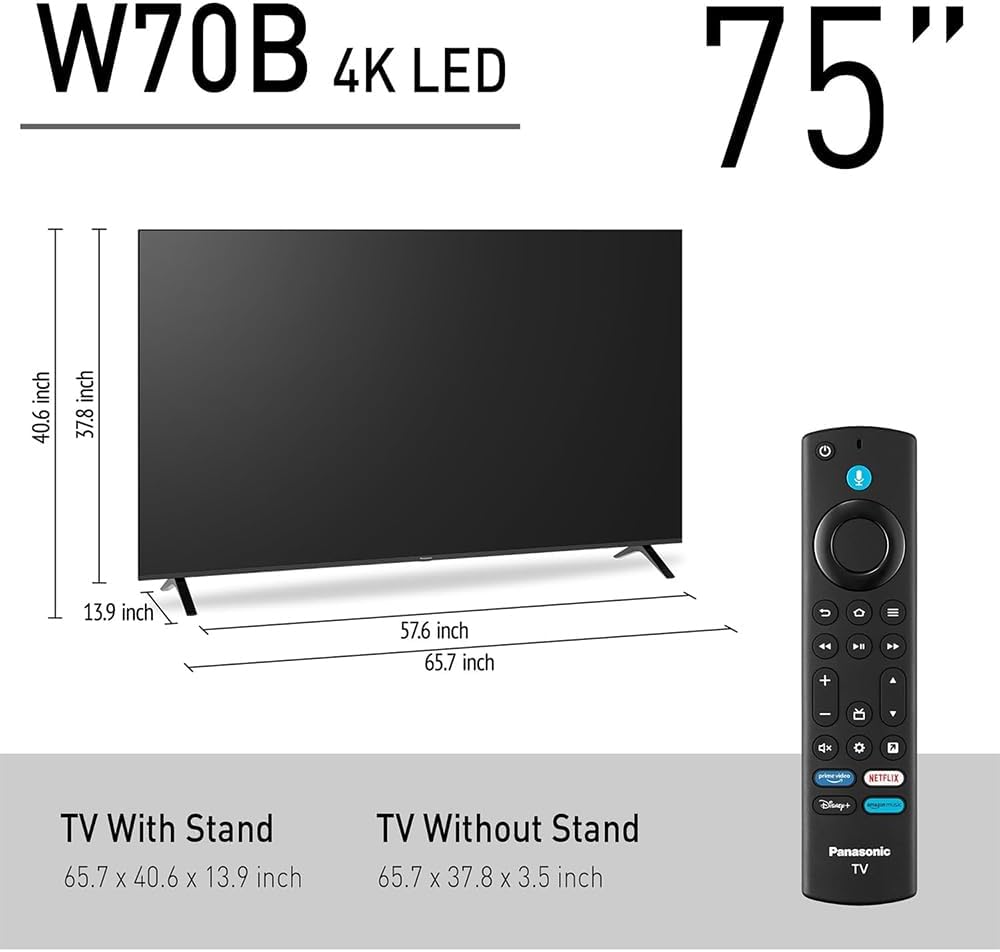 Panasonic TV-75W70BP W70 Series 75 inch LED 4K Ultra HD Smart Fire TV Bundle with WN10 Neck Speaker, 4 YR CPS Enhanced Protection, 2X HDMI Cable & Deco Gear Complete Home Theater Beginner's Guidebook