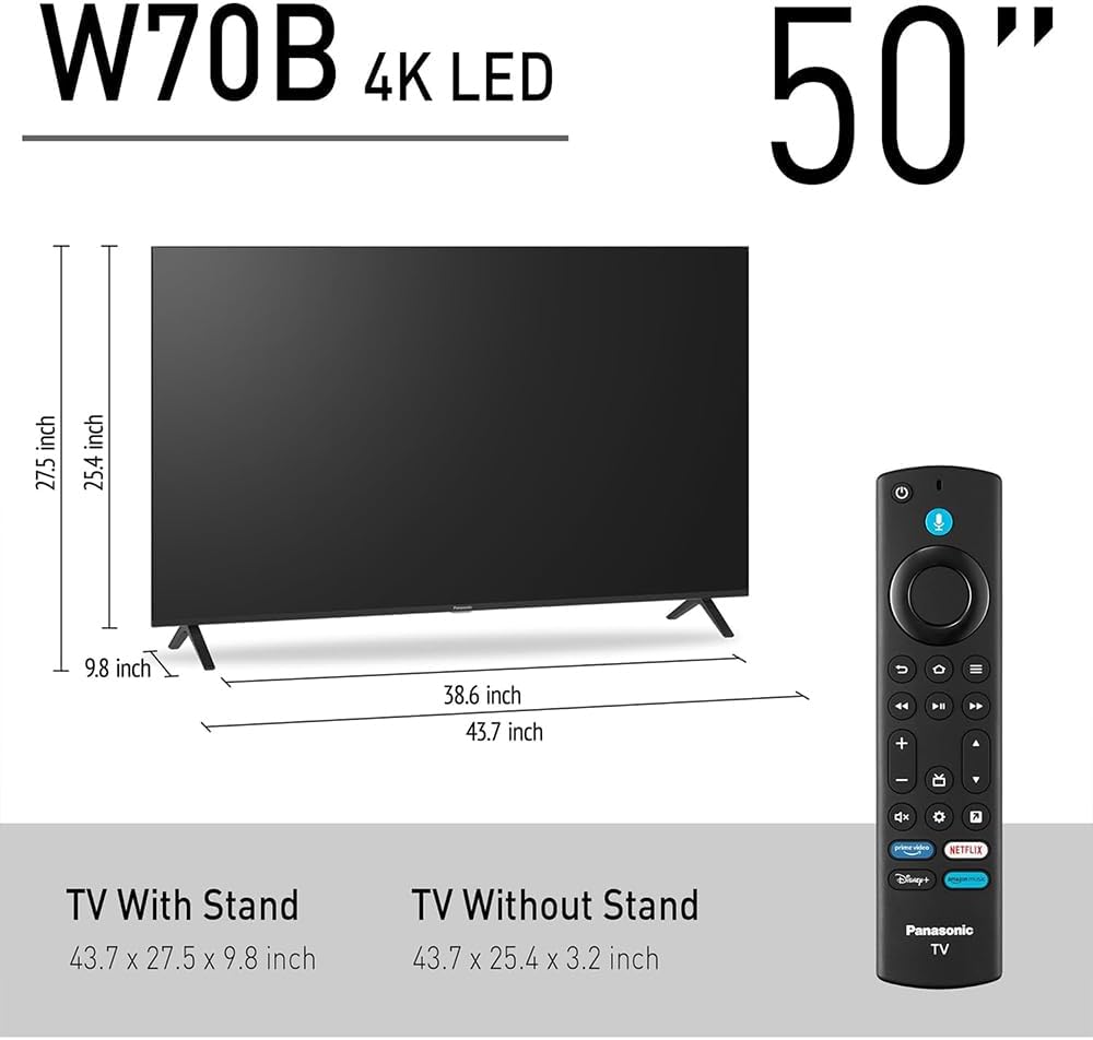 Panasonic TV-50W70BP W70 Series 50 inch LED 4K Ultra HD Smart Fire TV Bundle with WN10 Neck Speaker, 4 YR CPS Enhanced Protection, 2X HDMI Cable & Deco Gear Complete Home Theater Beginner's Guidebook