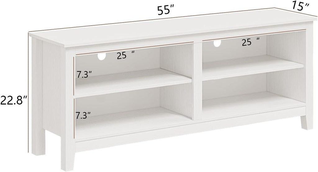 Gyger Modern TV Stand for 65 inch TV, White Wood TV Cabinet with 4 Open Storage Shelves, Fits 50-65 Inch TVs, 55 Inches W x 15 Inches D x 22.8 Inches H