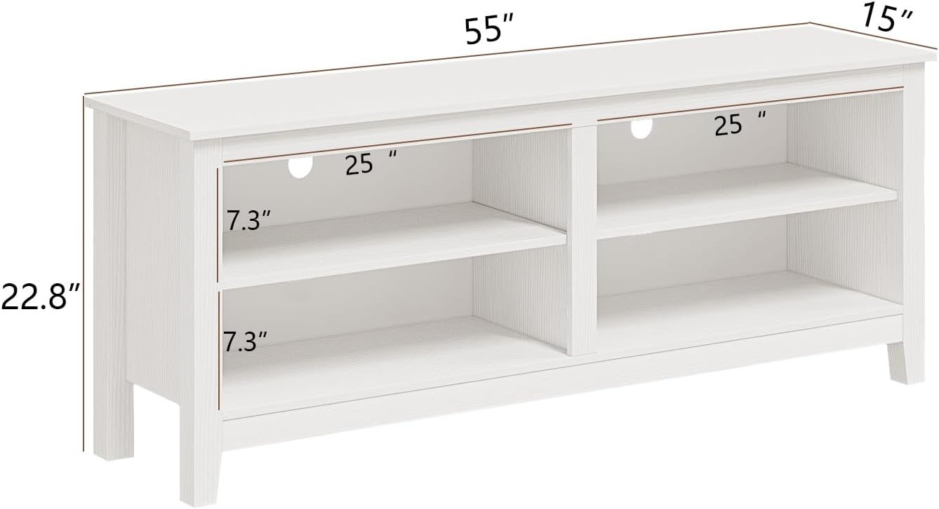 Gyger Modern TV Stand for 65 inch TV, White Wood TV Cabinet with 4 Open Storage Shelves, Fits 50-65 Inch TVs, 55 Inches W x 15 Inches D x 22.8 Inches H