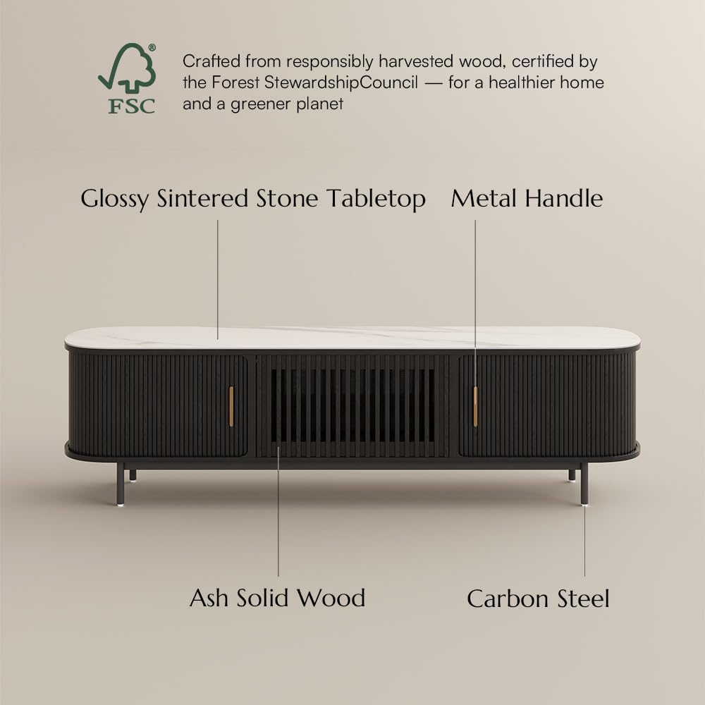 POVISON Fully-Assembled Sliding Tambour Door TV Stand, Mid Century Modern Sintered Stone TV Console, Wood Media Console for 75 Inch TV, Entertainment Center with Storage Cabinet(Black, 78.74')