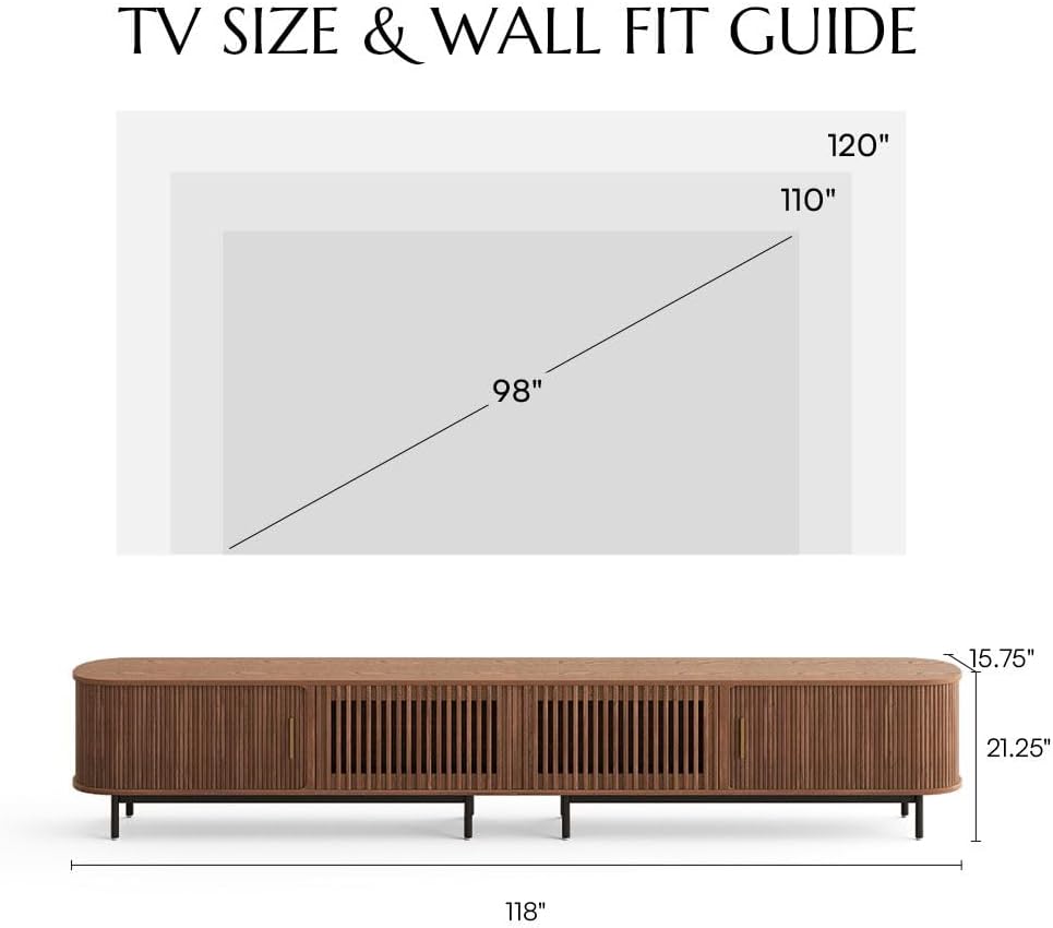 POVISON Fully-Assembled Sliding Tambour Door TV Stand, Mid Century Modern TV Console, Wood Media Console, Entertainment Center with Storage Cabinet (Walnut, 118.11')