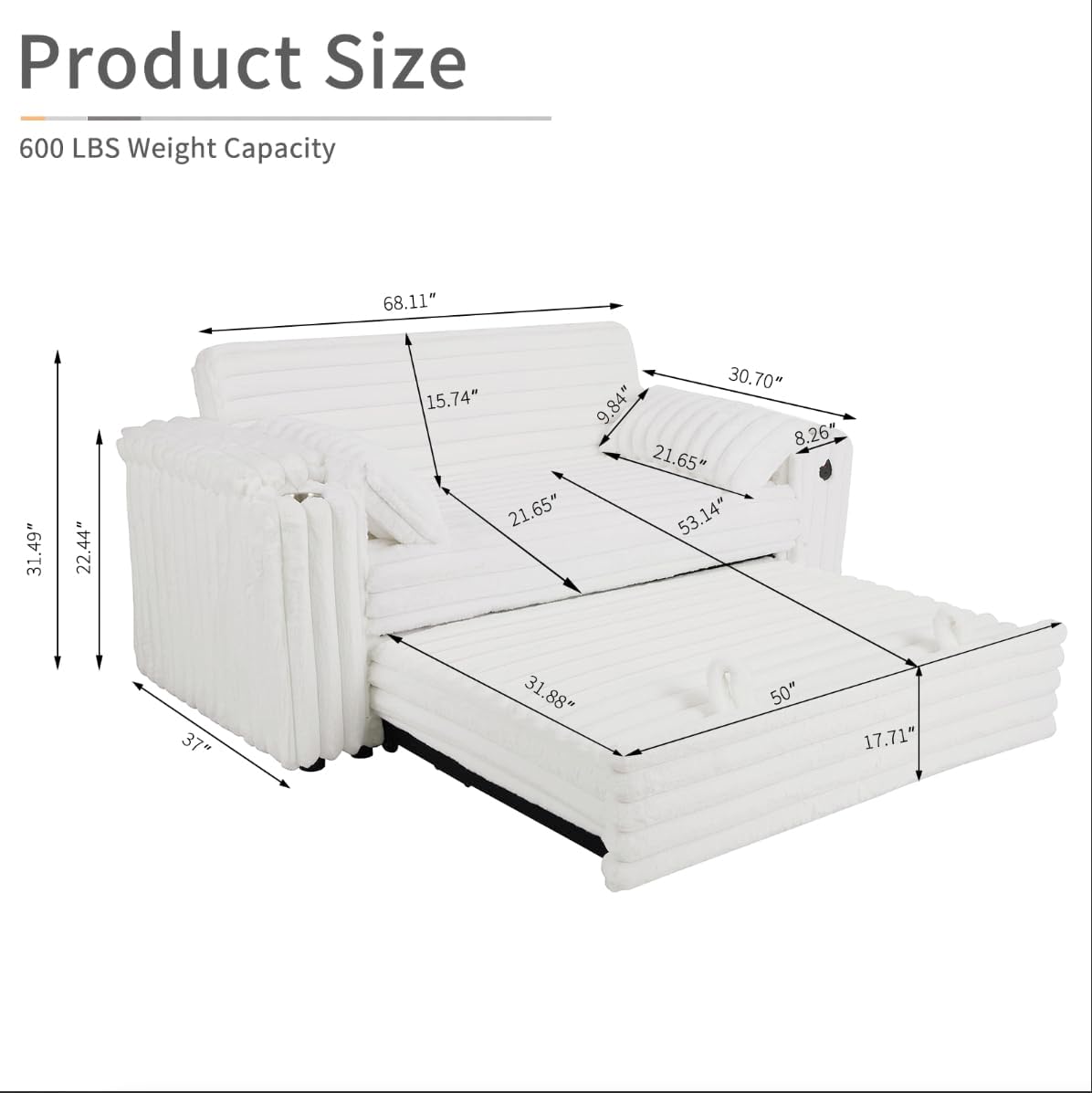 hansones 68' Corduroy Convertible Sofa Bed with USB, Storage Armrests & Pillows – 3-in-1 Foldable Sleeper Chair Floor Couch for Living Room, Bedroom, Guest Room (ZY-1109-White)