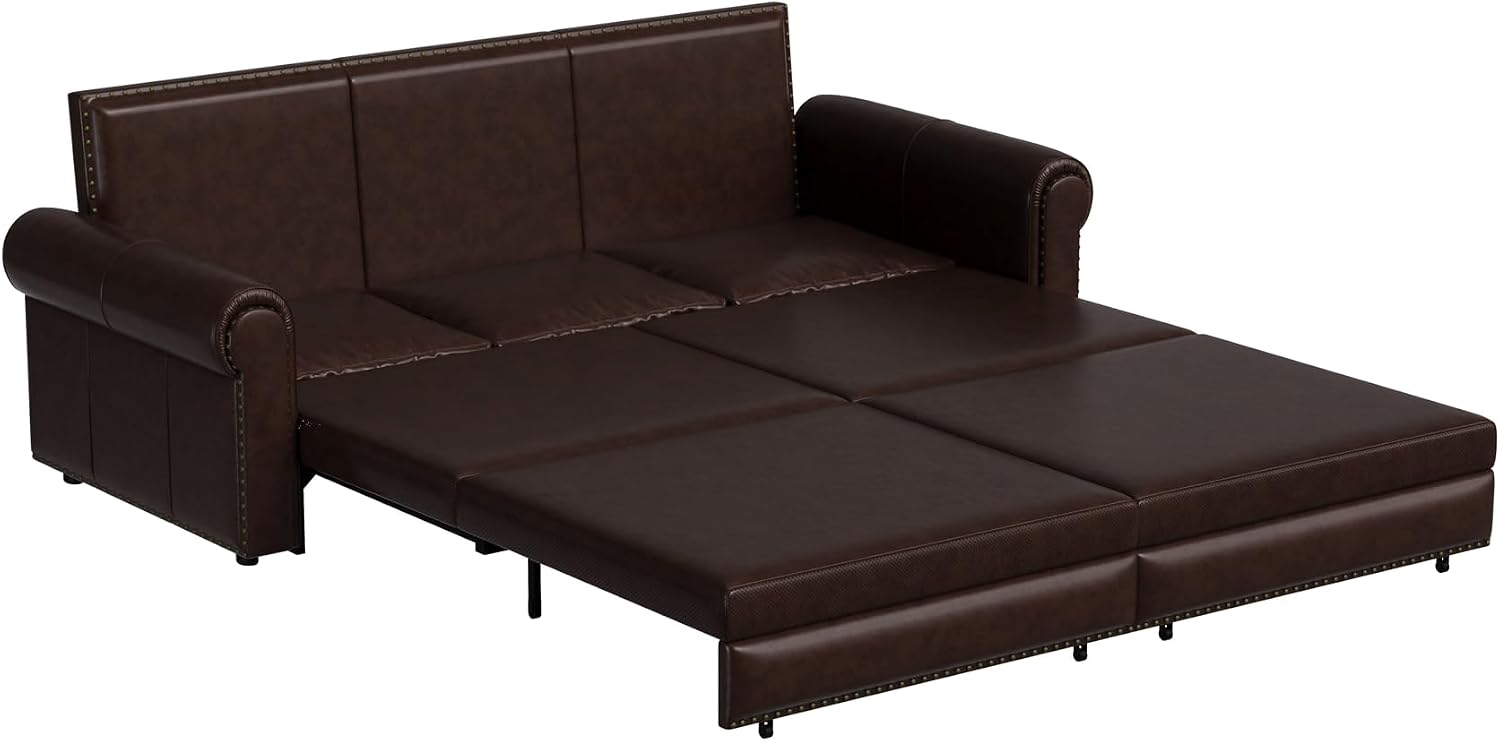 93.7' King Pull Out Sofa Bed, Faux Leather Sleeper Sofa Couch, 3 in 1 Convertible Futon Couches for Living Room, Small Space, Apartment, Office, Bedroom, Modern Rivet Armrest, Dark Brown