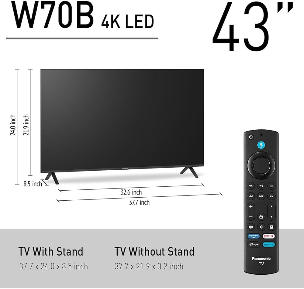 Panasonic TV-43W70BP W70 Series 43 inch LED 4K Ultra HD Smart Fire TV Bundle with WN10 Neck Speaker, 4 YR CPS Enhanced Protection, 2X HDMI Cable & Deco Gear Complete Home Theater Beginner's Guidebook
