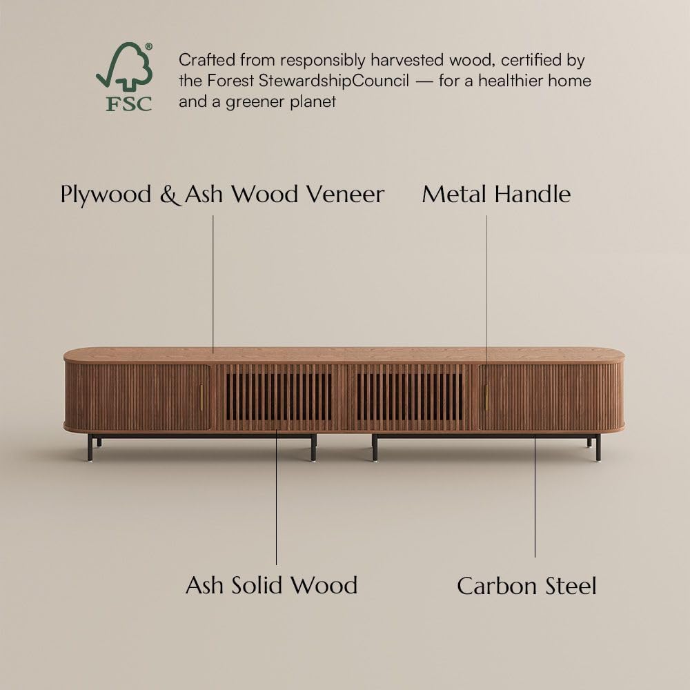 POVISON Fully-Assembled Sliding Tambour Door TV Stand, Mid Century Modern TV Console, Wood Media Console, Entertainment Center with Storage Cabinet (Walnut, 118.11')