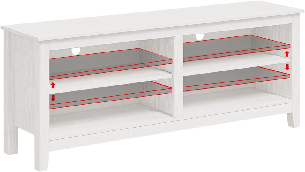 Gyger Modern TV Stand for 65 inch TV, White Wood TV Cabinet with 4 Open Storage Shelves, Fits 50-65 Inch TVs, 55 Inches W x 15 Inches D x 22.8 Inches H