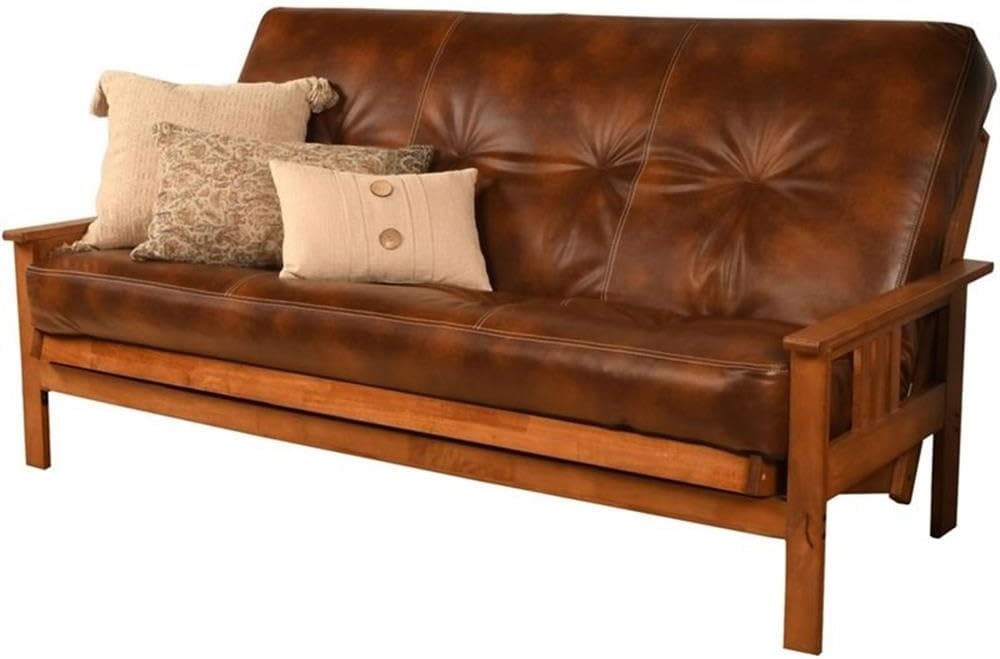Pemberly Row 75' Traditional Full-Size Faux Leather Futon Mattress with Hinged Innerspring, Foam Construction, in Saddle Brown Finish, Frame Not Included