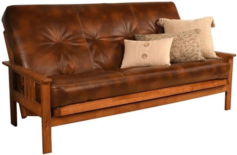 Pemberly Row 75' Traditional Full-Size Faux Leather Futon Mattress with Hinged Innerspring, Foam Construction, in Saddle Brown Finish, Frame Not Included