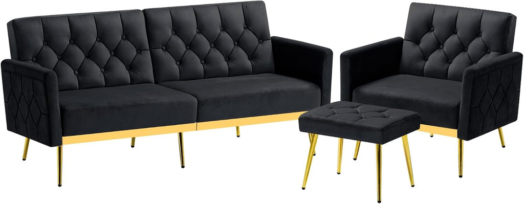 2 Pieces Velvet Sofa Set w/Adjustable Armrests and Backrests, Tufted Accent Chair w/Ottoman, Convertible Futon Sofa Bed for Bedroom, Living Room, Apartment, Black