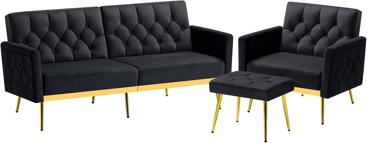 2 Pieces Velvet Sofa Set w/Adjustable Armrests and Backrests, Tufted Accent Chair w/Ottoman, Convertible Futon Sofa Bed for Bedroom, Living Room, Apartment, Black