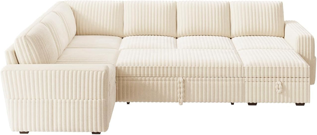 HONBAY Modular Sectional Sleeper Sofa with Pull Out Bed,Corduroy U Shaped Couch with Storage, Sectional Couches for Living Room,Beige