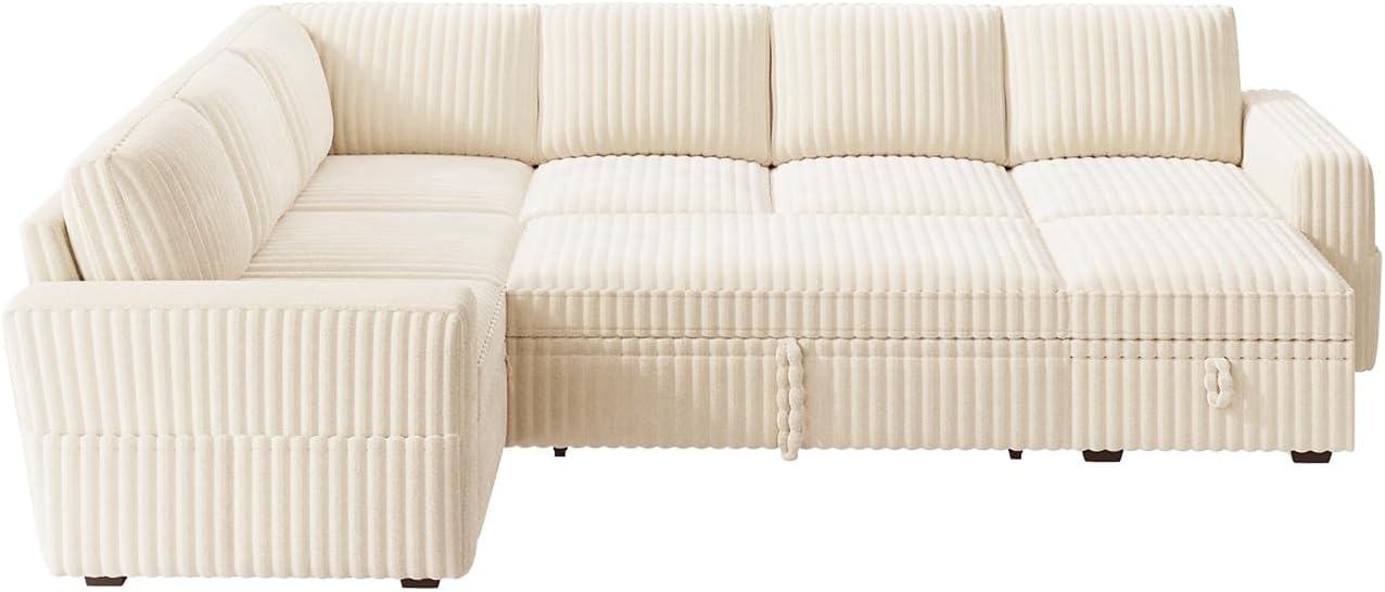 HONBAY Modular Sectional Sleeper Sofa with Pull Out Bed,Corduroy U Shaped Couch with Storage, Sectional Couches for Living Room,Beige