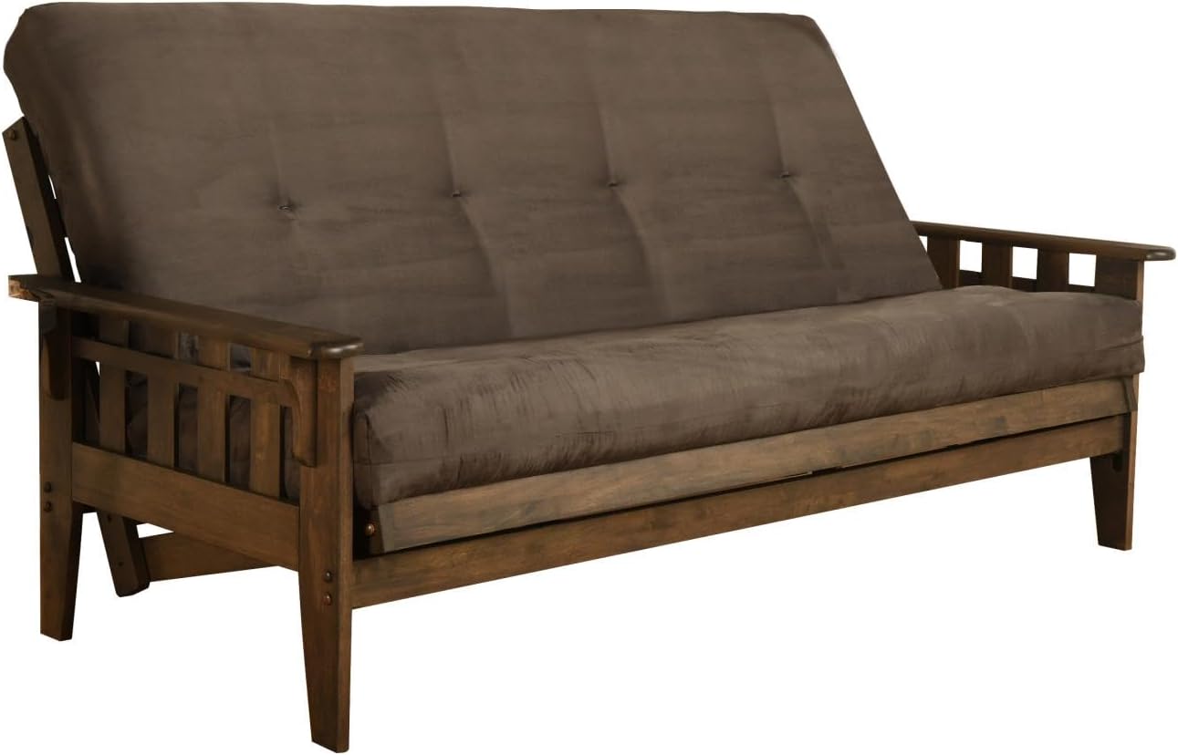 FutonX Rustic Walnut Frame and Mattress Set with Choice to add Drawers, 8 Inch Innerspring Futon Sofa Bed Full Size Wood (Grey Matt and Frame (No Drawers))