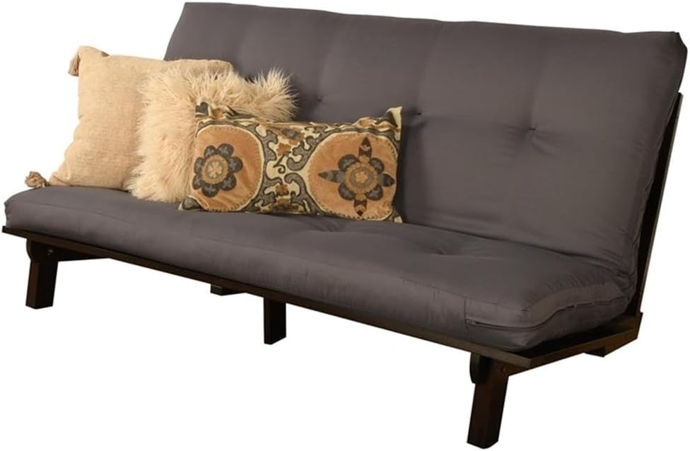 Kodiak Furniture Carson Full Size Futon Frame and Mattress Set - Java Brown Finish Wood Futon Frame with Mattress Included in Twill Gray Color
