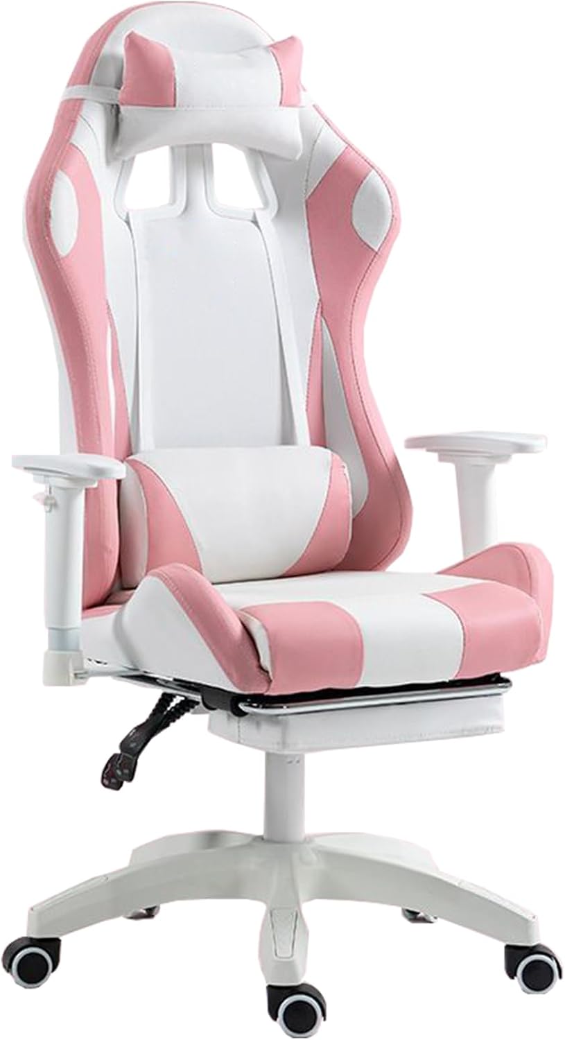 Adult Gaming Chair with Footrest, Video Gaming Chair with Lumbar Support, Ergonomic High Back Computer Chair, Reclining Gaming Chair PU Leather,Pink