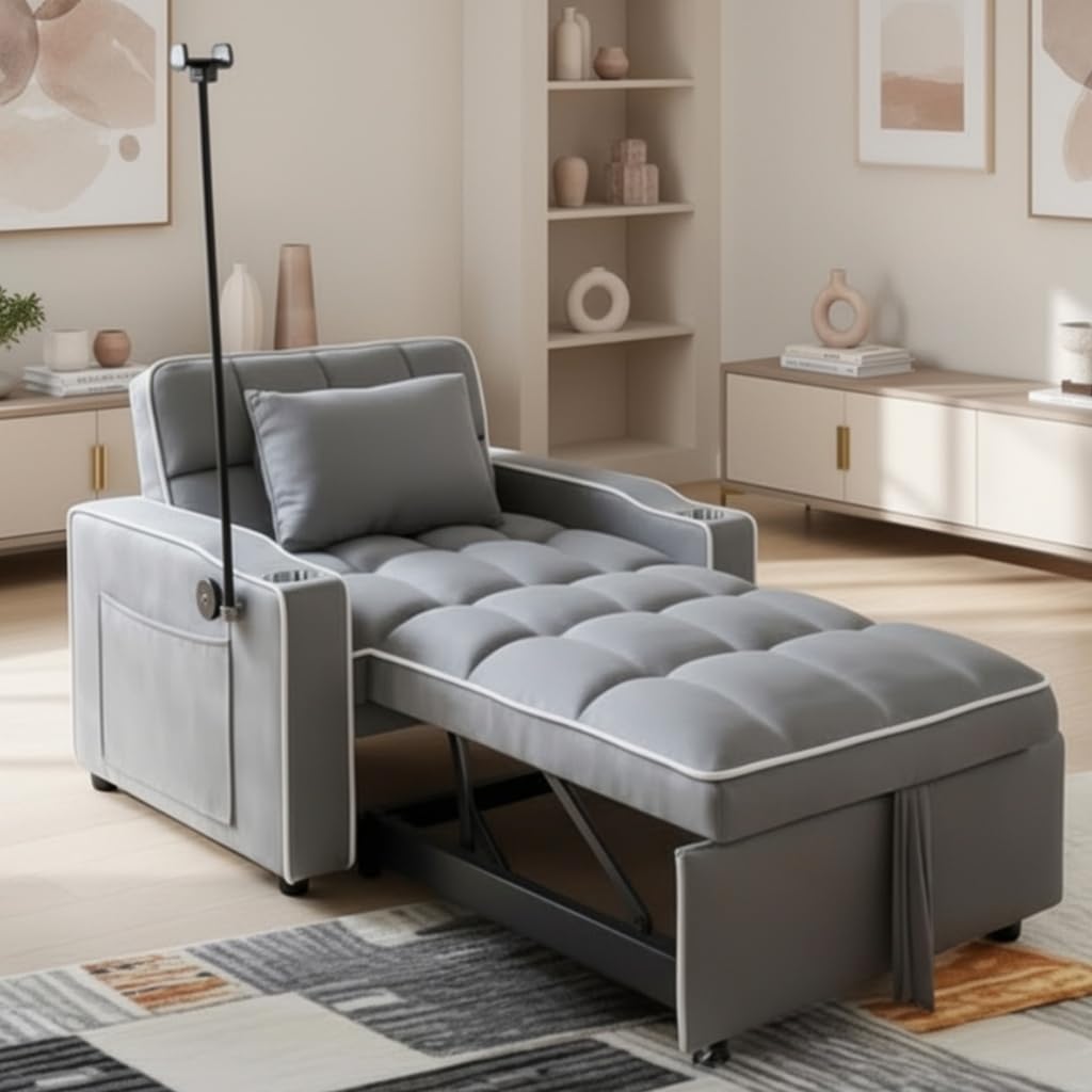 Sleeper Chair, Pull Out Chair Sleeper with Bracket and Cup Holder, Single Convertible Chairs Bed Sleepers for Adults, 3 in 1 Sofa Bed Chairs for Small Spaces, Living Room, Gray