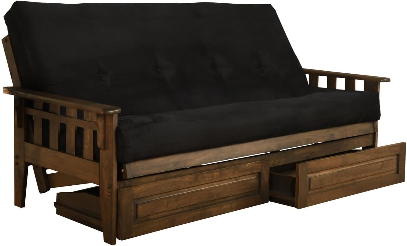 FutonX Rustic Walnut Frame and Mattress Set with Choice to add Drawers, 8 Inch Innerspring Futon Sofa Bed Full Size Wood (Black Matt, Frame and Drawers)