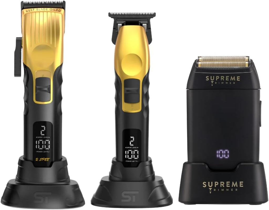 Supreme Trimmer 3-in-1 Barber Bundle | 2Spee Clipper, 2Spee Trimmer & Crunch Foil Shaver | Professional Beard Trimmer Men's Hair Clipper Kit | (Gold)