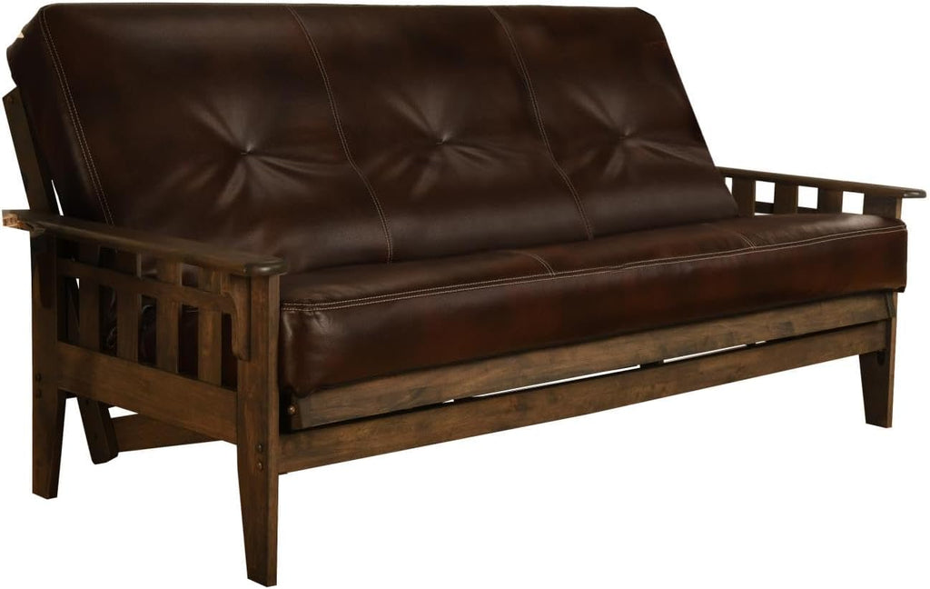 FutonX Rustic Walnut Frame and Mattress Set with Choice to add Drawers, 8 Inch Innerspring Futon Sofa Bed Full Size Wood (Leather Cappuccino Matt and Frame (No Drawers))