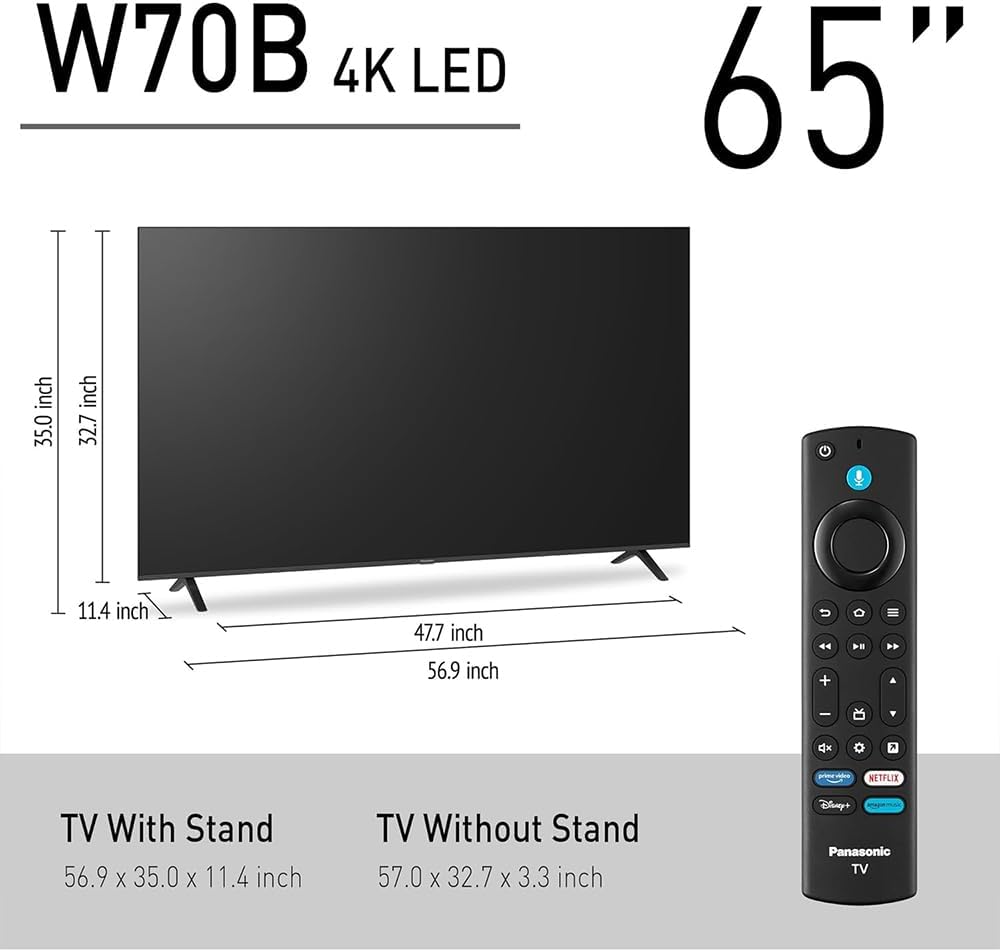 Panasonic TV-65W70BP W70 Series 65 inch LED 4K Ultra HD Smart Fire TV Bundle with WN10 Neck Speaker, 4 YR CPS Enhanced Protection, 2X HDMI Cable & Deco Gear Complete Home Theater Beginner's Guidebook