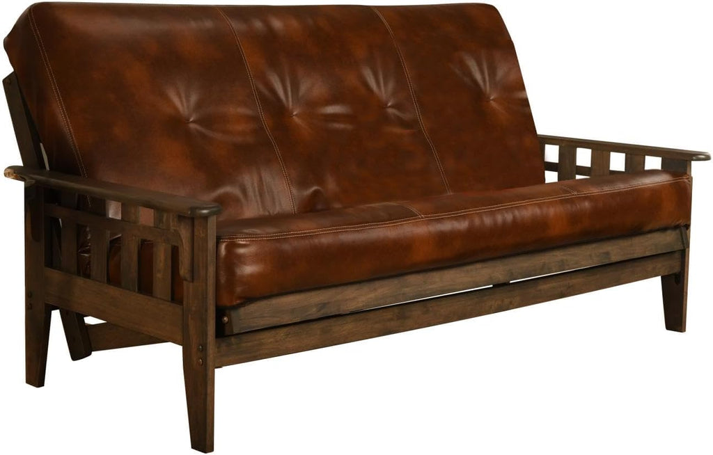 FutonX Rustic Walnut Frame and Mattress Set with Choice to add Drawers, 8 Inch Innerspring Futon Sofa Bed Full Size Wood (Brown Leather Matt and Frame (No Drawers))