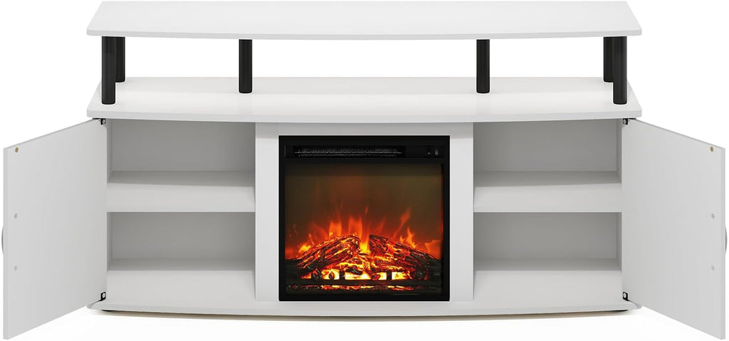 Furinno Jensen TV Stand, Entertainment Center, TV Console for TV up to 55 Inch with Fireplace and Open Shelf, Storage Cabinet, for Living Room, Bedroom, Plain White