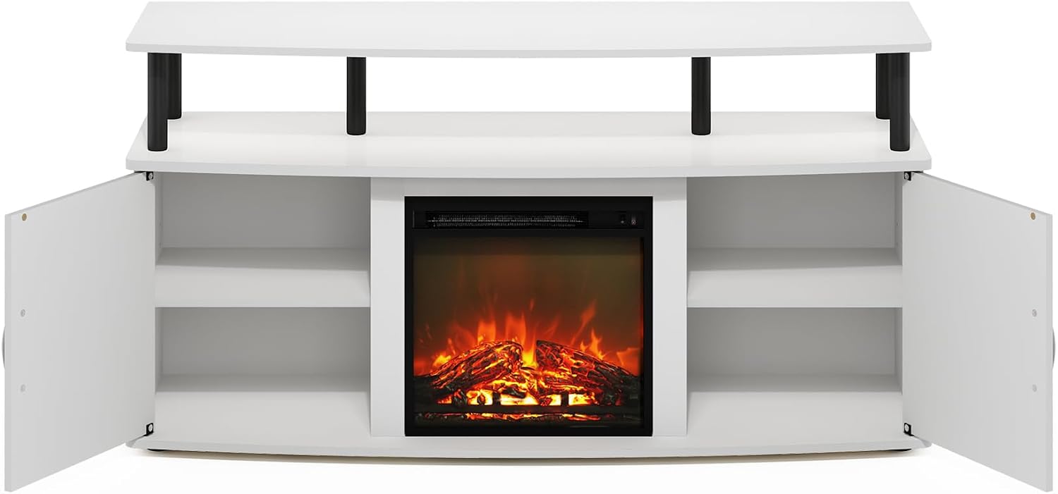 Furinno Jensen TV Stand, Entertainment Center, TV Console for TV up to 55 Inch with Fireplace and Open Shelf, Storage Cabinet, for Living Room, Bedroom, Plain White