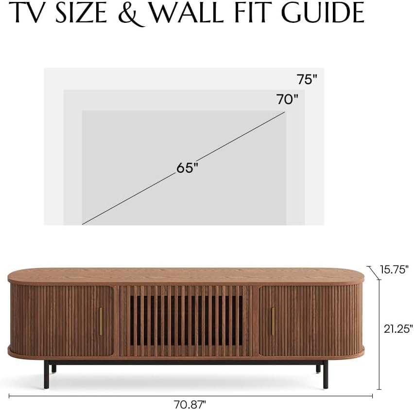 POVISON Fully-Assembled Mid Century Modern TV Stand for 65 inch TV, Sliding Door Entertainment Center with Storage, Wood TV Console, Media Console for Living Room Bedroom(Walnut, 70.87')