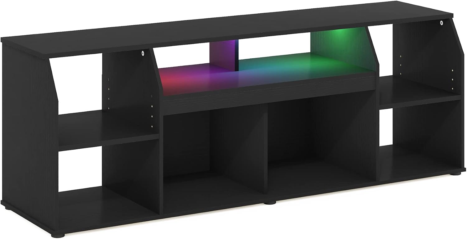 Furinno Jaya TV Stand, Large 6 Shelves Entertainment Center with LED, Media Console Table for TV up to 65 Inch, TV Console, for Living Room, Bedroom, Dark Americano