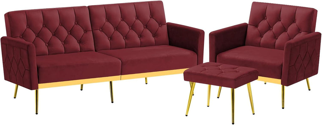 2 Pieces Velvet Sofa Set w/Adjustable Armrests and Backrests, Tufted Accent Chair w/Ottoman, Convertible Futon Sofa Bed for Bedroom, Living Room, Apartment, Red