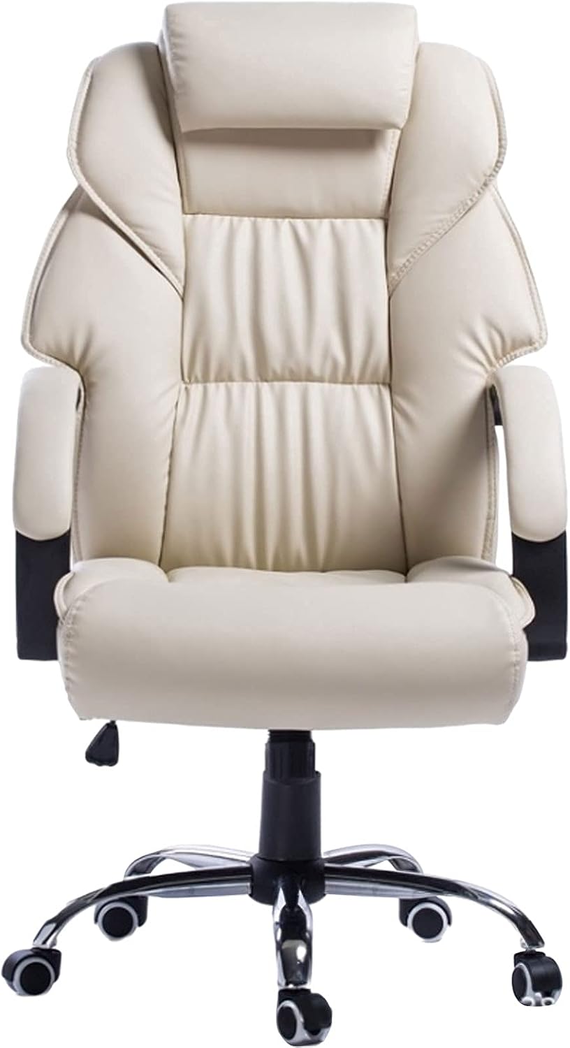 Office Chair Computer Desk Chair Gaming Chair 400 Lb Weight Capacity, Gaming Chair White Genuine Leather Office Chair Computer Executive Desk Chair Adjustable Office Lounge Chair,Khaki ( Color : White