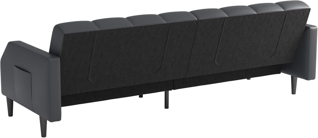 Fadware Faux Leather Couch, Convertible Futon Sofa Bed with Adjustable Backrest, Mid Century Leather Sofa Loveseat with Side Pockets& Metal Leg, Modern Leather Sleeper Sofa for Living Room Bedroom