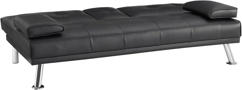 Naomi Home Low Profile Design: Convertible Folding Futon Sofa Bed Sleeper Couch for Living Room Faux Leather Upholstered Futon Sofa with Armrests, Metal Legs, 2 Cup Holders, Black
